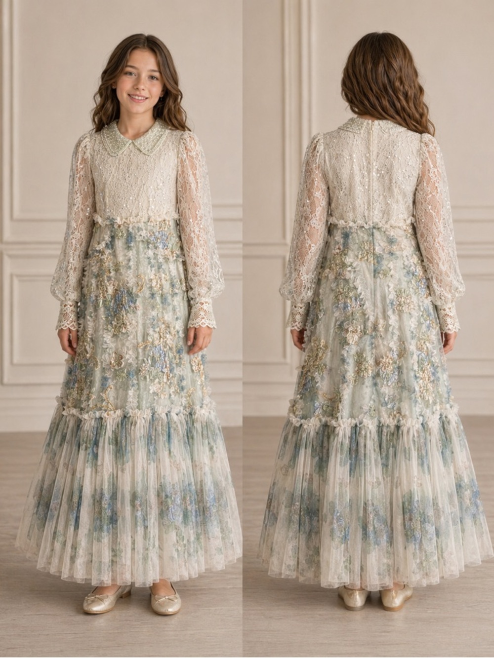 Elegant Girl’s Sugar Pageant Sage, Blue, Gold Beaded Lace Dress 12-14 - Picture 2 of 16